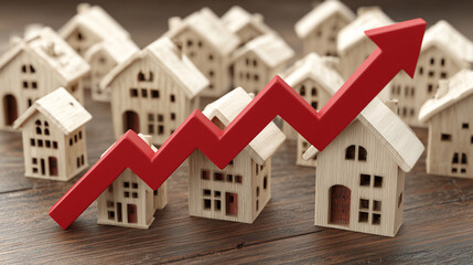 Property value rising graph with wooden home models