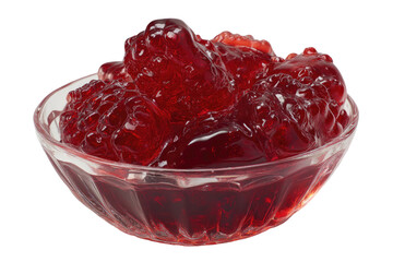A clear glass bowl filled with glistening, ruby red, gelatinous dessert chunks