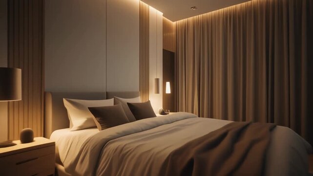 Cozy warm bedroom with soft indirect lighting and modern furniture.
