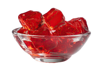 Cubes of translucent red jelly in a clear glass bowl