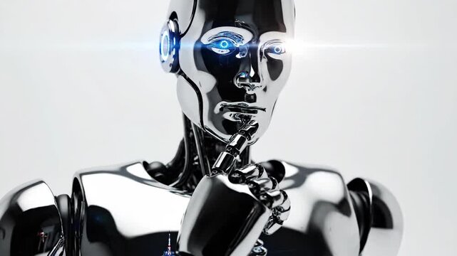 Chrome android bust with visible gears and glowing blue accents against a crisp, white background