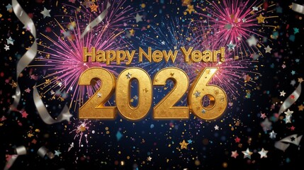 Happy New Year 2026 gold text effect firework star confetti Background