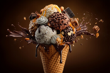 Delicious ice cream scoops on waffle cone.