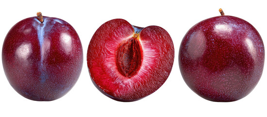 Three ripe plums, one whole, one halved, showing pit