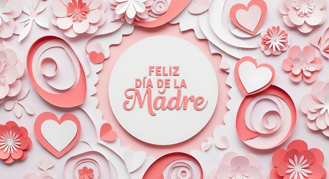 Celebrate Feliz Día de la Madre with this artistic arrangement of paper flowers and hearts in soft pinks and whites for a heartfelt design element