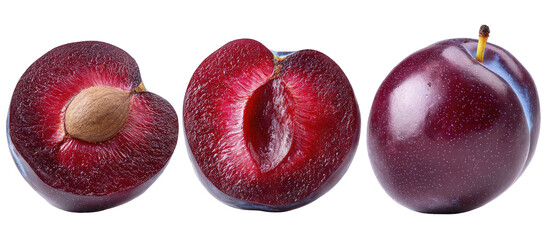 Three plums displayed one whole, two halves showing flesh and pit