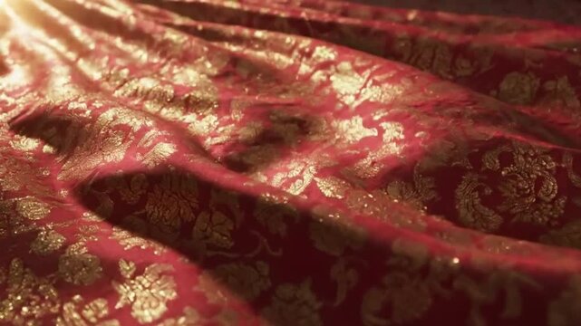 Close-up shot of a luxurious red fabric with intricate golden floral patterns, creating a rich texture.