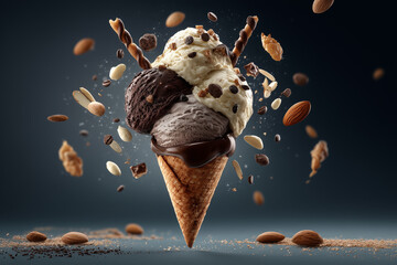 Delicious ice cream scoops on waffle cone.