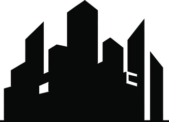 A minimalist black silhouette of a modern city skyline against white