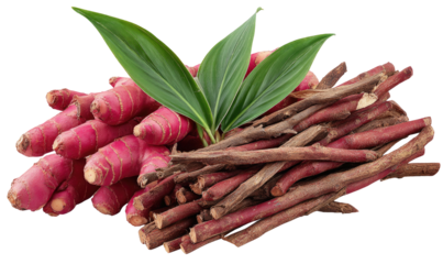 Organic ginger and dried roots with green leaves