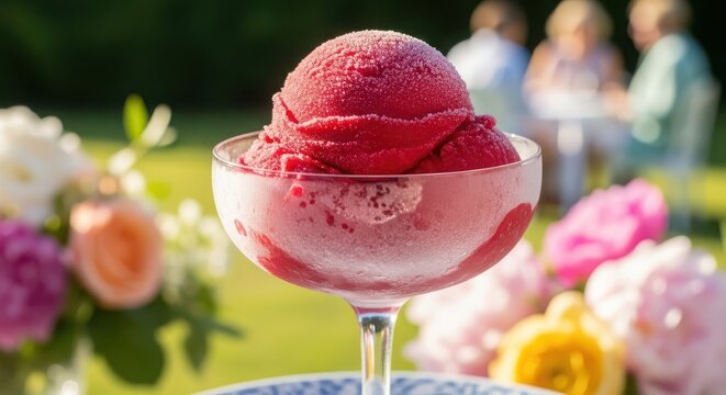 A refreshing raspberry sorbet in a glass with a garden backdrop, creating a delightful and visually appealing summer treat