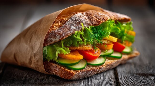 Vegan vegetable sandwich wrapped in paper showcasing fresh healthy ingredients for takeaway meals, featuring colorful sliced vegetables and wholesome plant-based street food presentation