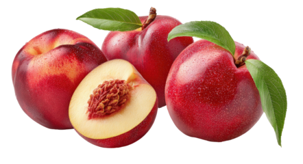 Bright, ripe nectarines with smooth skin and green leaves