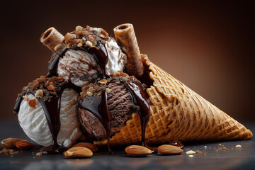 Delicious ice cream scoops on waffle cone.