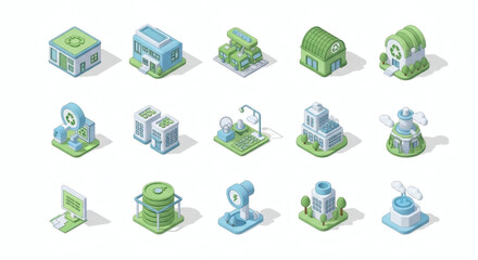 Modern isometric smart city icon collection featuring sustainable buildings, renewable energy, and advanced urban infrastructure for digital design and environmental concepts.