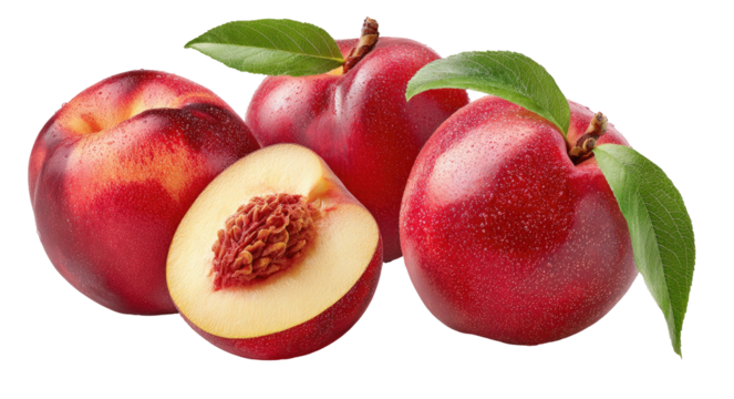 Bright, ripe nectarines with smooth skin and green leaves