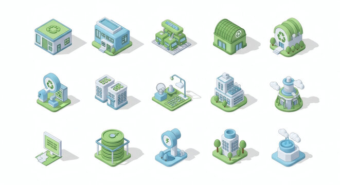 Modern isometric smart city icon collection featuring sustainable buildings, renewable energy, and advanced urban infrastructure for digital design and environmental concepts.