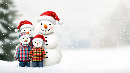Snowman family wearing colorful plaid shirts and Santa hats standing in snowy landscape, cheerful winter holiday scene