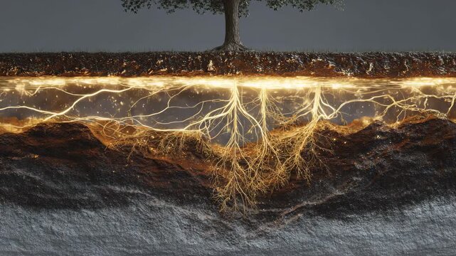 Tree with roots visible under soil layers and glowing energy in the ground illustration art