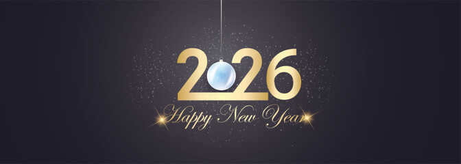 Happy New Year 2026 greetings flyer with dim light effect, golden gradient text, New year promotion or invitation template, decorative flyer for new year celebration, vector art illustration