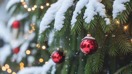 Snowy Christmas tree branch adorned with festive red ornaments and sparkling lights creating a cozy holiday atmosphere, perfect for seasonal greetings and winter promotions