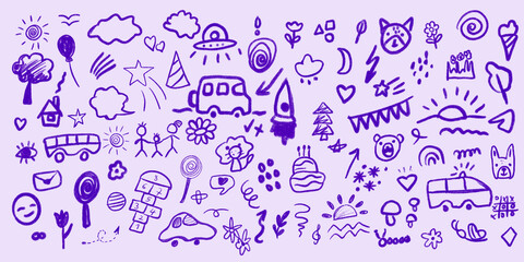 Playful hand-drawn doodle set featuring cute icons, kids elements, cartoon sketches, symbols, transport, nature, stars, flowers, and fun decorative illustrations in bold purple style.