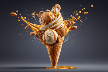 Delicious ice cream scoops on waffle cone.