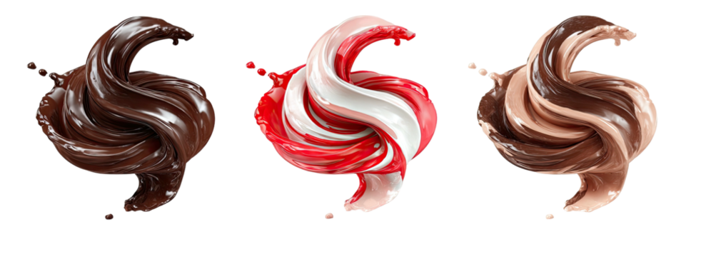 Three swirls of creamy, glossy dessert toppings