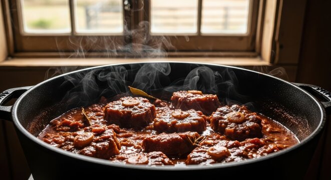 Slow cooked oxtail stew simmering in a cast iron pot on the stove, with steam rising, in front of a window in a rustic kitchen