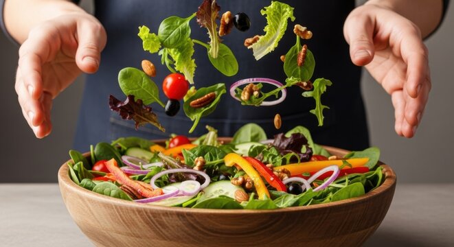 Person tossing a salad with lettuce tomatoes peppers onions olives and nuts into a wooden bowl - Powered by Adobe