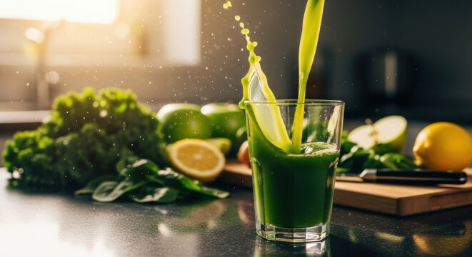 Pouring green smoothie into glass with splash and fresh fruits on a kitchen countertop scene view - Powered by Adobe