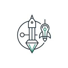 “Line art icon combining a rocket and a pen nib into one object, symbolizing creative launch, minimalist vector outline.”