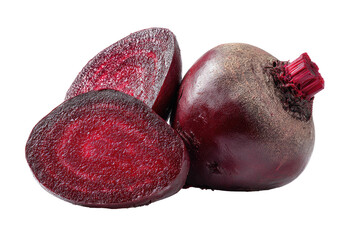 Vibrant red root vegetable, cut and whole, against black