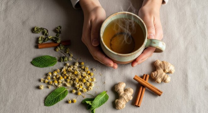 Hands holding a mug of herbal tea with ginger cinnamon chamomile and mint on a neutral background
