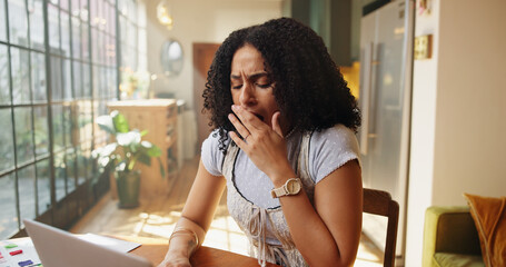 Tired, woman and yawn in home with laptop for remote work burnout, interior design stress and fail. Exhausted, freelancer and creative person in apartment with computer, mistake or deadline pressure.