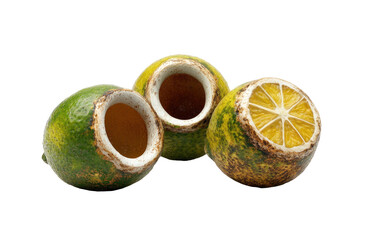 Two hollowed gourds and one sliced citrus fruit on black