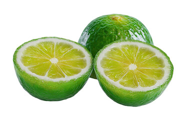 Fresh limes, one whole and one cut in half, on a black background