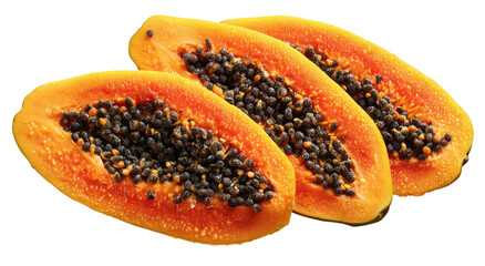 Vibrant slices of ripe papaya with black seeds, isolated on black