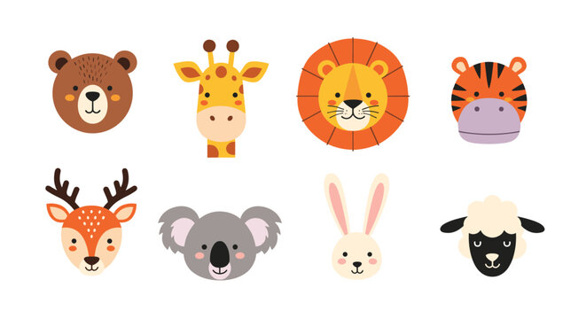 Cute cartoon animal faces collection featuring a bear, giraffe, lion, tiger, deer, koala, rabbit, and sheep for children's designs.