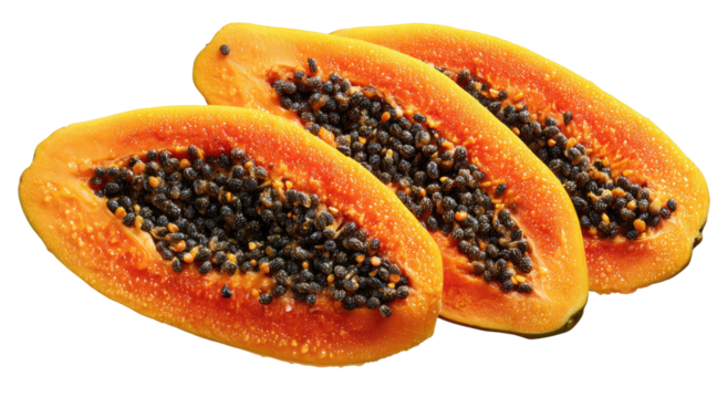 Vibrant slices of ripe papaya with black seeds, isolated on black - Powered by Adobe