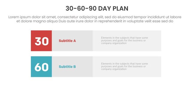 30 60 90 day plan infographic 3 point stage template with long rectangle box bounce from top video animation or animated motion