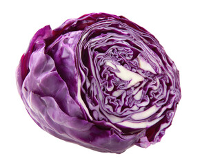 Half of a vibrant purple cabbage sliced revealing white interior layers