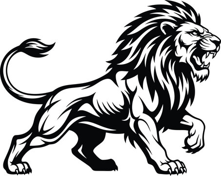 Fierce lion vector illustration black and white roaring animal design eps silhouette