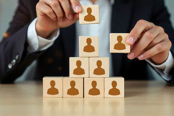 Organizational Chart Pyramid: Business Man Building Team Structure with Wooden Blocks, HR Management Concept, Corporate Hierarchy, Leadership Roles