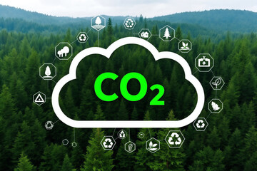CO2 Reduction: Forest Carbon Sequestration Concept. Green CO2 Cloud Icon with Trees & Sustainability Symbols. Environmental Conservation Stock Photo