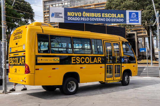 Marilia, Sao Paulo, Brazil, April 12, 2025. Yellow school bus in Brazil Funded by the Federal and State governments and their logos. Represents education, transportation, and government investment
