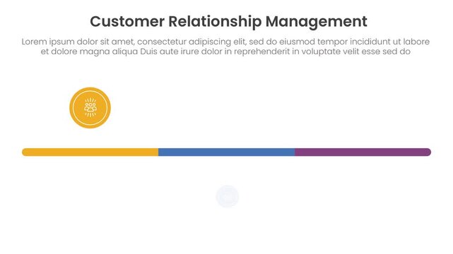 CRM customer relationship management infographic 3 point stage template with round horizontal line with circle pop up with up and down video animation or animated motion