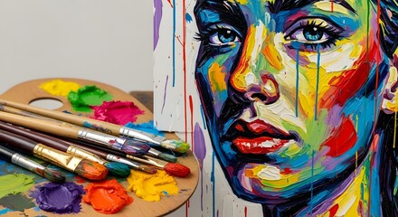 Colorful portrait painting with palette and brushes on a white background canvas art