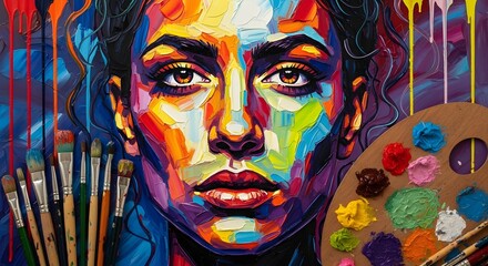 Colorful portrait painting with brushes and palette showcasing vibrant art style