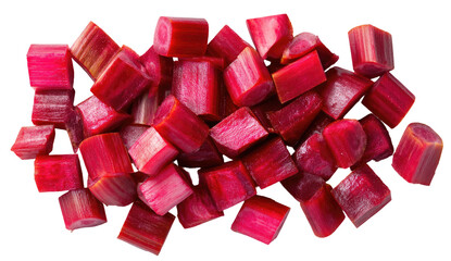 Close-up pile of chopped, red, tart plant stalks on a black background